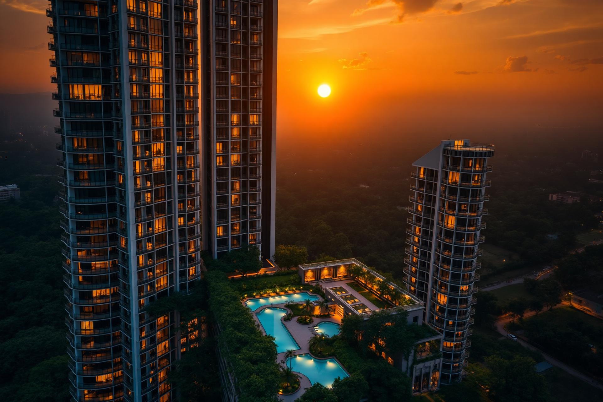 Aerial view of a premium luxury residential tower in Bengaluru at twilight